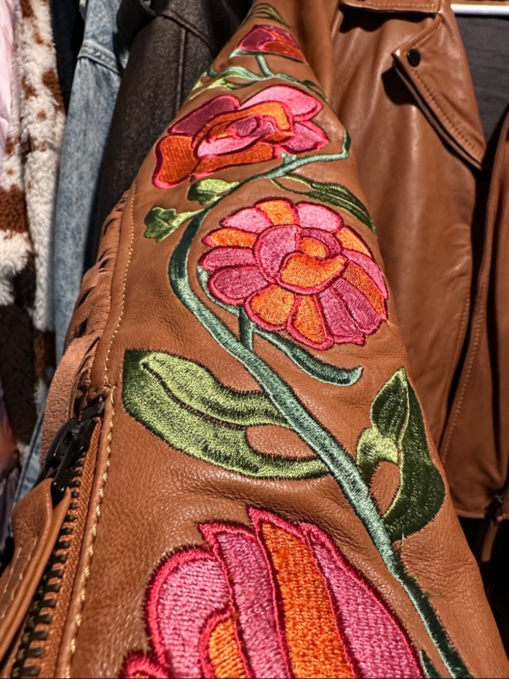 Free people x MAURITUS Crissy brown leather fringe jacket floral Size L - Picture 11 of 11